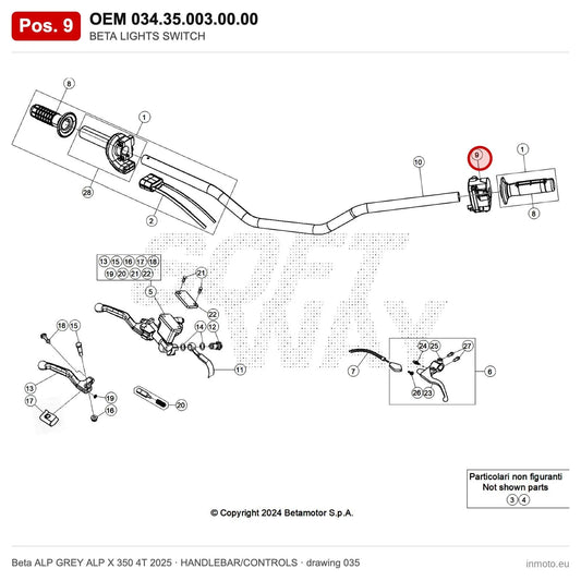 BETA LIGHTS SWITCH – OEM 034.35.003.00.00, position 9 on the Beta ALP GREY ALP X 350 4T 2025 handlebar/controls drawing