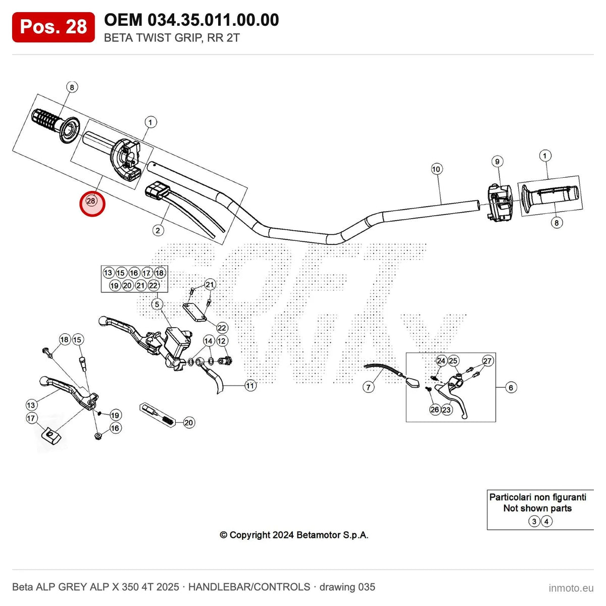 BETA THROTTLE CONTROL – OEM 034.35.011.00.00, position 28 on the Beta ALP GREY ALP X 350 4T 2025 handlebar/controls drawing