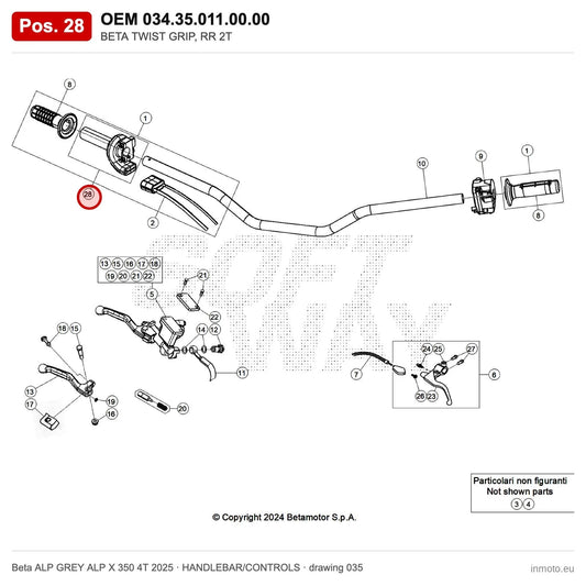 BETA THROTTLE CONTROL – OEM 034.35.011.00.00, position 28 on the Beta ALP GREY ALP X 350 4T 2025 handlebar/controls drawing