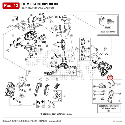 BETA REAR BRAKE CALIPER – OEM 034.36.001.80.00, position 13 on the Beta ALP GREY ALP X 350 4T 2025 brakes drawing
