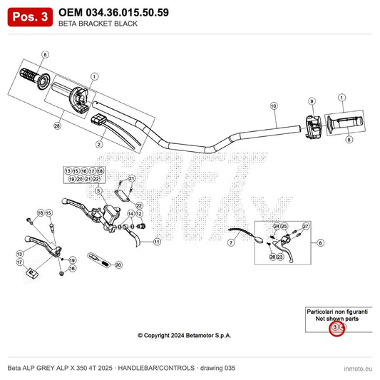 BETA BRACKET BLACK – OEM 034.36.015.50.59, position 3 on the Beta ALP GREY ALP X 350 4T 2025 handlebar/controls drawing