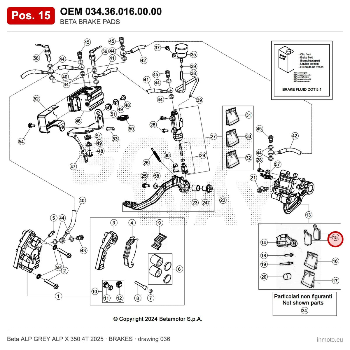 BETA BRAKE PADS – OEM 034.36.016.00.00, position 15 on the Beta ALP GREY ALP X 350 4T 2025 brakes drawing