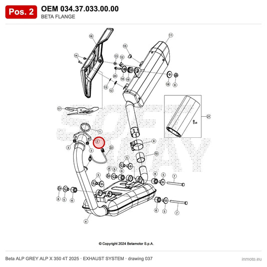 BETA FLANGE – OEM 034.37.033.00.00, position 2 on the Beta ALP GREY ALP X 350 4T 2025 exhaust system drawing