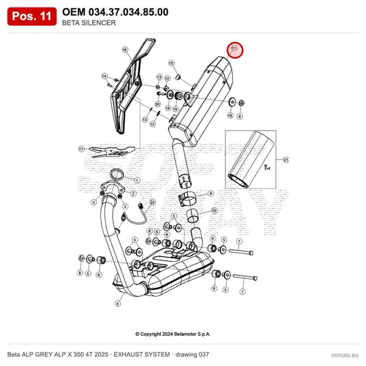 BETA SILENCER – OEM 034.37.034.85.00, position 11 on the Beta ALP GREY ALP X 350 4T 2025 exhaust system drawing