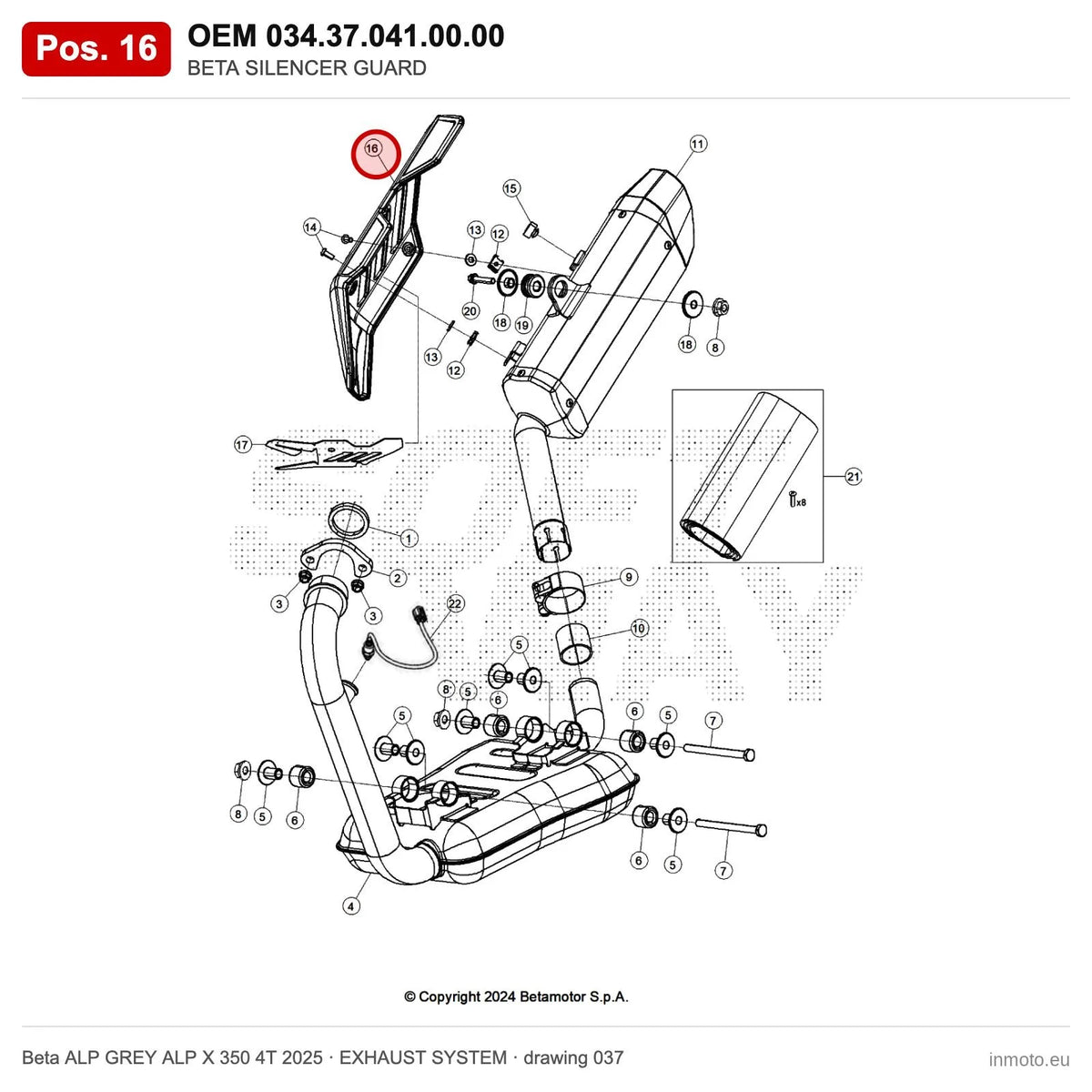 BETA SILENCER GUARD – OEM 034.37.041.00.00, position 16 on the Beta ALP GREY ALP X 350 4T 2025 exhaust system drawing