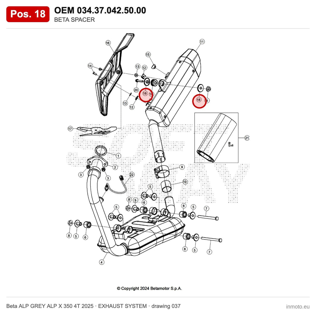 BETA SPACER – OEM 034.37.042.50.00, position 18 on the Beta ALP GREY ALP X 350 4T 2025 exhaust system drawing