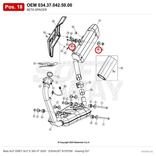 BETA SPACER – OEM 034.37.042.50.00, position 18 on the Beta ALP GREY ALP X 350 4T 2025 exhaust system drawing