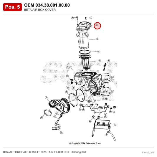 BETA AIR BOX COVER – OEM 034.38.001.00.00, position 5 on the Beta ALP GREY ALP X 350 4T 2025 air filter box drawing