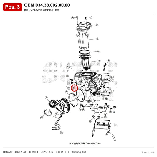 BETA FLAME ARRESTER – OEM 034.38.002.00.00, position 3 on the Beta ALP GREY ALP X 350 4T 2025 air filter box drawing