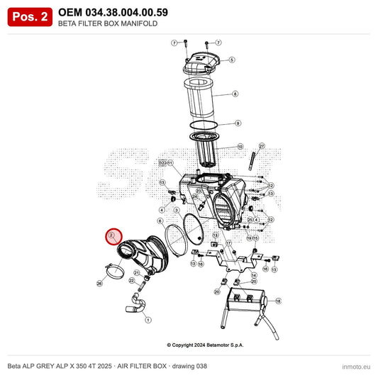 BETA AIRBOX SLEEVE – OEM 034.38.004.00.59, position 2 on the Beta ALP GREY ALP X 350 4T 2025 air filter box drawing