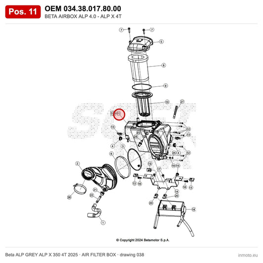 BETA AIRBOX ALP 4.0 - ALP X 4T – OEM 034.38.017.80.00, position 11 on the Beta ALP GREY ALP X 350 4T 2025 air filter box drawing