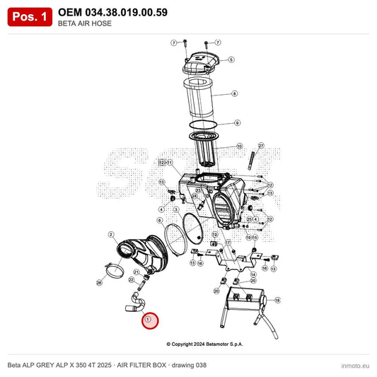 BETA AIR HOSE – OEM 034.38.019.00.59, position 1 on the Beta ALP GREY ALP X 350 4T 2025 air filter box drawing