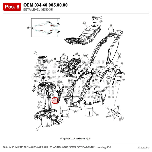 BETA LEVEL SENSOR – OEM 034.40.005.00.00, position 6 on the Beta ALP WHITE ALP 4.0 350 4T 2025 plastic accessories/seat/tank drawing