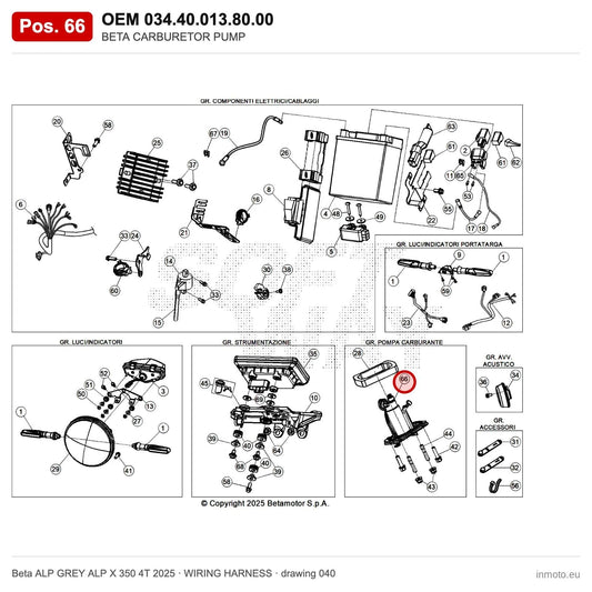 BETA CARBURETOR PUMP – OEM 034.40.013.80.00, position 66 on the Beta ALP GREY ALP X 350 4T 2025 wiring harness drawing