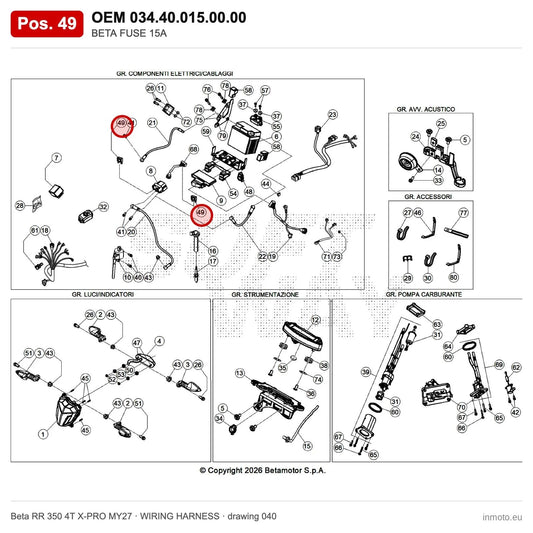 BETA FUSE 15A – OEM 034.40.015.00.00, position 49 on the Beta RR 350 4T X-PRO MY27 wiring harness drawing
