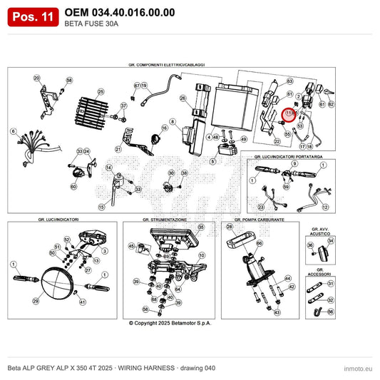 BETA FUSE 30A – OEM 034.40.016.00.00, position 11 on the Beta ALP GREY ALP X 350 4T 2025 wiring harness drawing