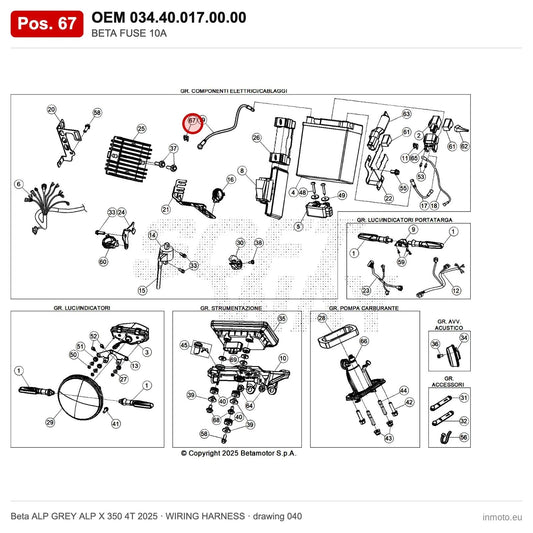 BETA FUSE 10A – OEM 034.40.017.00.00, position 67 on the Beta ALP GREY ALP X 350 4T 2025 wiring harness drawing