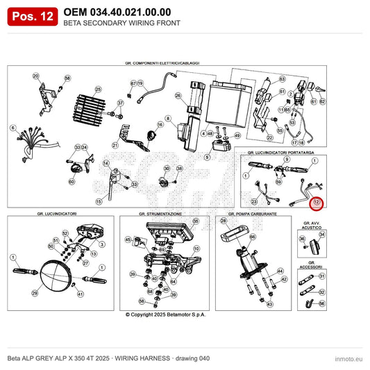 BETA SECONDARY WIRING REAR – OEM 034.40.021.00.00, position 12 on the Beta ALP GREY ALP X 350 4T 2025 wiring harness drawing