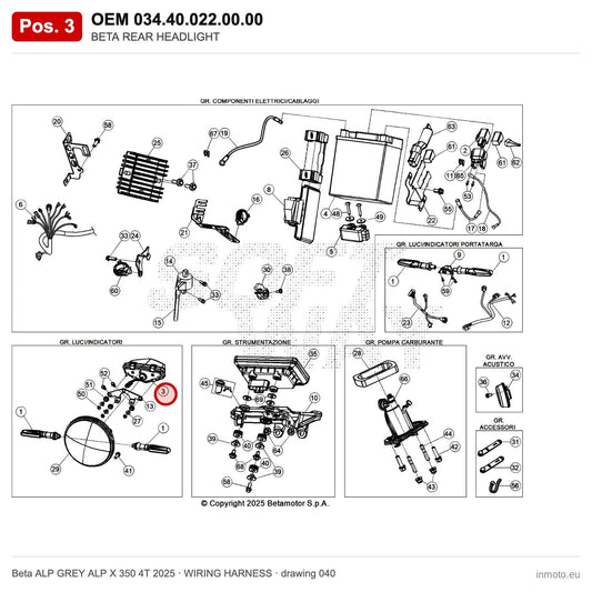 BETA REAR HEADLIGHT – OEM 034.40.022.00.00, position 3 on the Beta ALP GREY ALP X 350 4T 2025 wiring harness drawing