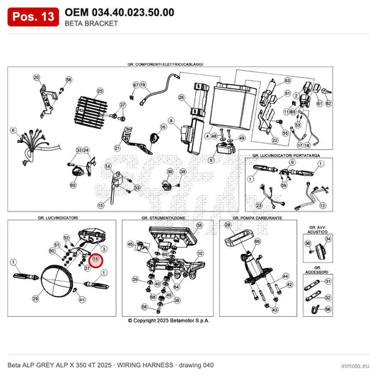 BETA BRACKET – OEM 034.40.023.50.00, position 13 on the Beta ALP GREY ALP X 350 4T 2025 wiring harness drawing
