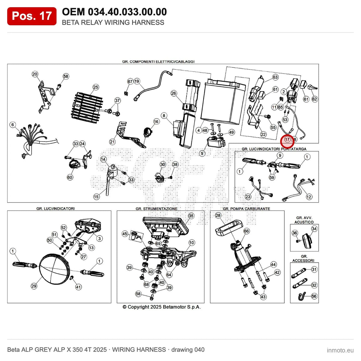 BETA RELAY WIRING HARNESS – OEM 034.40.033.00.00, position 17 on the Beta ALP GREY ALP X 350 4T 2025 wiring harness drawing