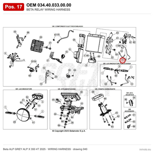 BETA RELAY WIRING HARNESS – OEM 034.40.033.00.00, position 17 on the Beta ALP GREY ALP X 350 4T 2025 wiring harness drawing