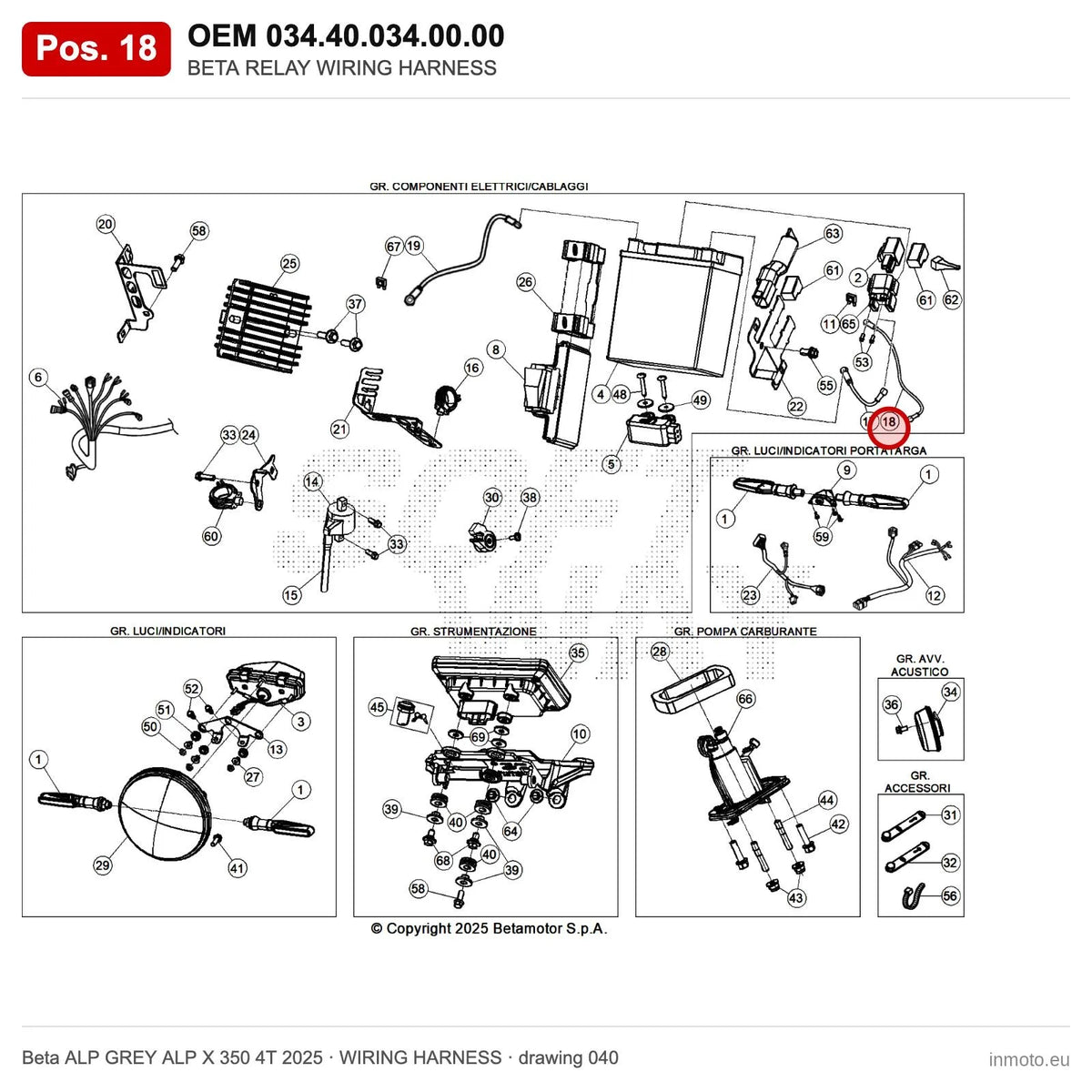 BETA RELAY WIRING HARNESS – OEM 034.40.034.00.00, position 18 on the Beta ALP GREY ALP X 350 4T 2025 wiring harness drawing