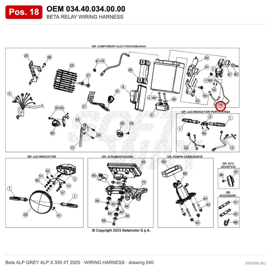 BETA RELAY WIRING HARNESS – OEM 034.40.034.00.00, position 18 on the Beta ALP GREY ALP X 350 4T 2025 wiring harness drawing