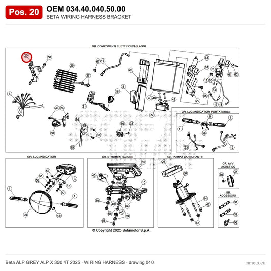 BETA WIRING HARNESS BRACKET – OEM 034.40.040.50.00, position 20 on the Beta ALP GREY ALP X 350 4T 2025 wiring harness drawing