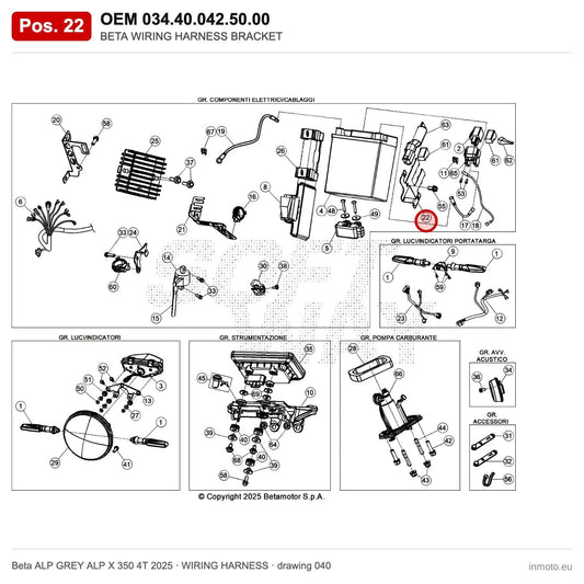 BETA WIRING HARNESS BRACKET – OEM 034.40.042.50.00, position 22 on the Beta ALP GREY ALP X 350 4T 2025 wiring harness drawing