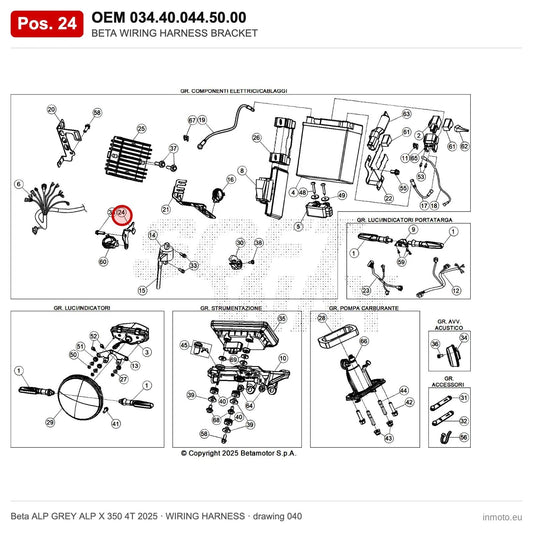 BETA WIRING HARNESS BRACKET – OEM 034.40.044.50.00, position 24 on the Beta ALP GREY ALP X 350 4T 2025 wiring harness drawing