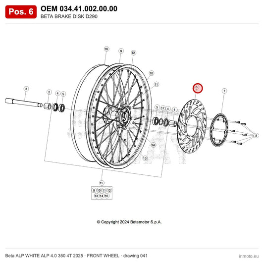 BETA BRAKE DISK D290 – OEM 034.41.002.00.00, position 6 on the Beta ALP WHITE ALP 4.0 350 4T 2025 front wheel drawing