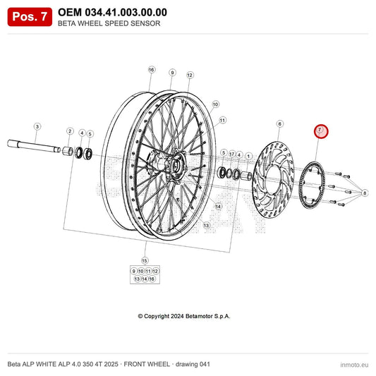 BETA WHEEL SPEED SENSOR – OEM 034.41.003.00.00, position 7 on the Beta ALP WHITE ALP 4.0 350 4T 2025 front wheel drawing
