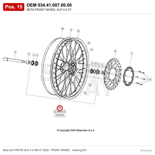 BETA FRONT WHEEL ALP 4.0 4T – OEM 034.41.007.00.00, position 15 on the Beta ALP WHITE ALP 4.0 350 4T 2025 front wheel drawing