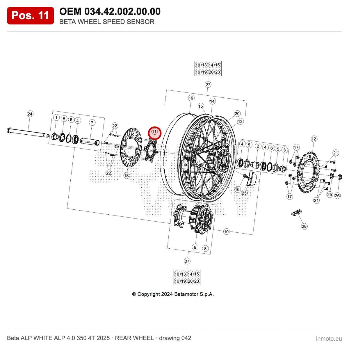 BETA WHEEL SPEED SENSOR – OEM 034.42.002.00.00, position 11 on the Beta ALP WHITE ALP 4.0 350 4T 2025 rear wheel drawing
