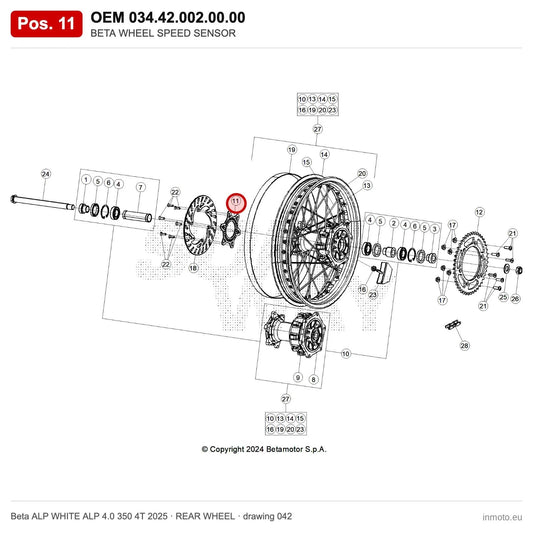 BETA WHEEL SPEED SENSOR – OEM 034.42.002.00.00, position 11 on the Beta ALP WHITE ALP 4.0 350 4T 2025 rear wheel drawing