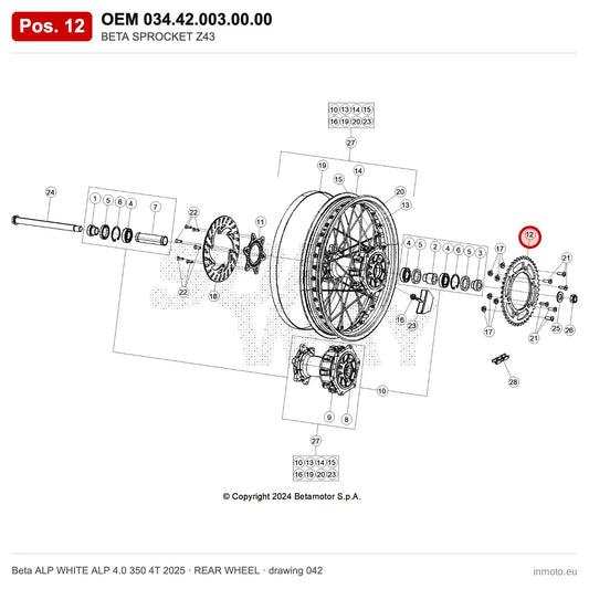 BETA SPROCKET Z44 – OEM 034.42.003.00.00, position 12 on the Beta ALP WHITE ALP 4.0 350 4T 2025 rear wheel drawing