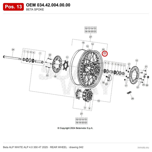 BETA SPOKE – OEM 034.42.004.00.00, position 13 on the Beta ALP WHITE ALP 4.0 350 4T 2025 rear wheel drawing