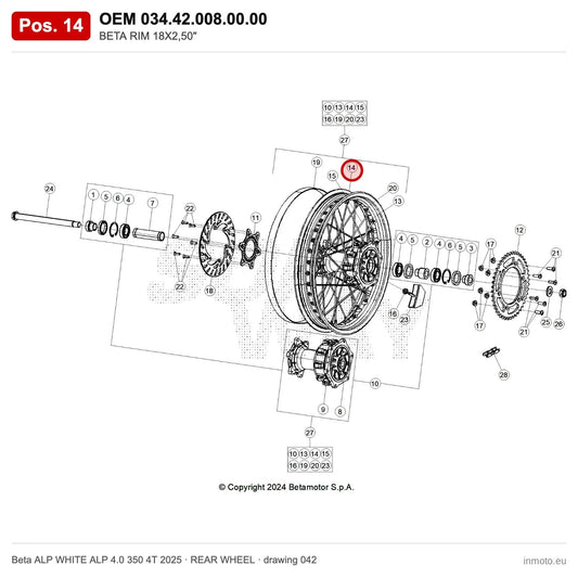 BETA RIM 18X2,50" – OEM 034.42.008.00.00, position 14 on the Beta ALP WHITE ALP 4.0 350 4T 2025 rear wheel drawing