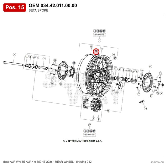 BETA SPOKE – OEM 034.42.011.00.00, position 15 on the Beta ALP WHITE ALP 4.0 350 4T 2025 rear wheel drawing
