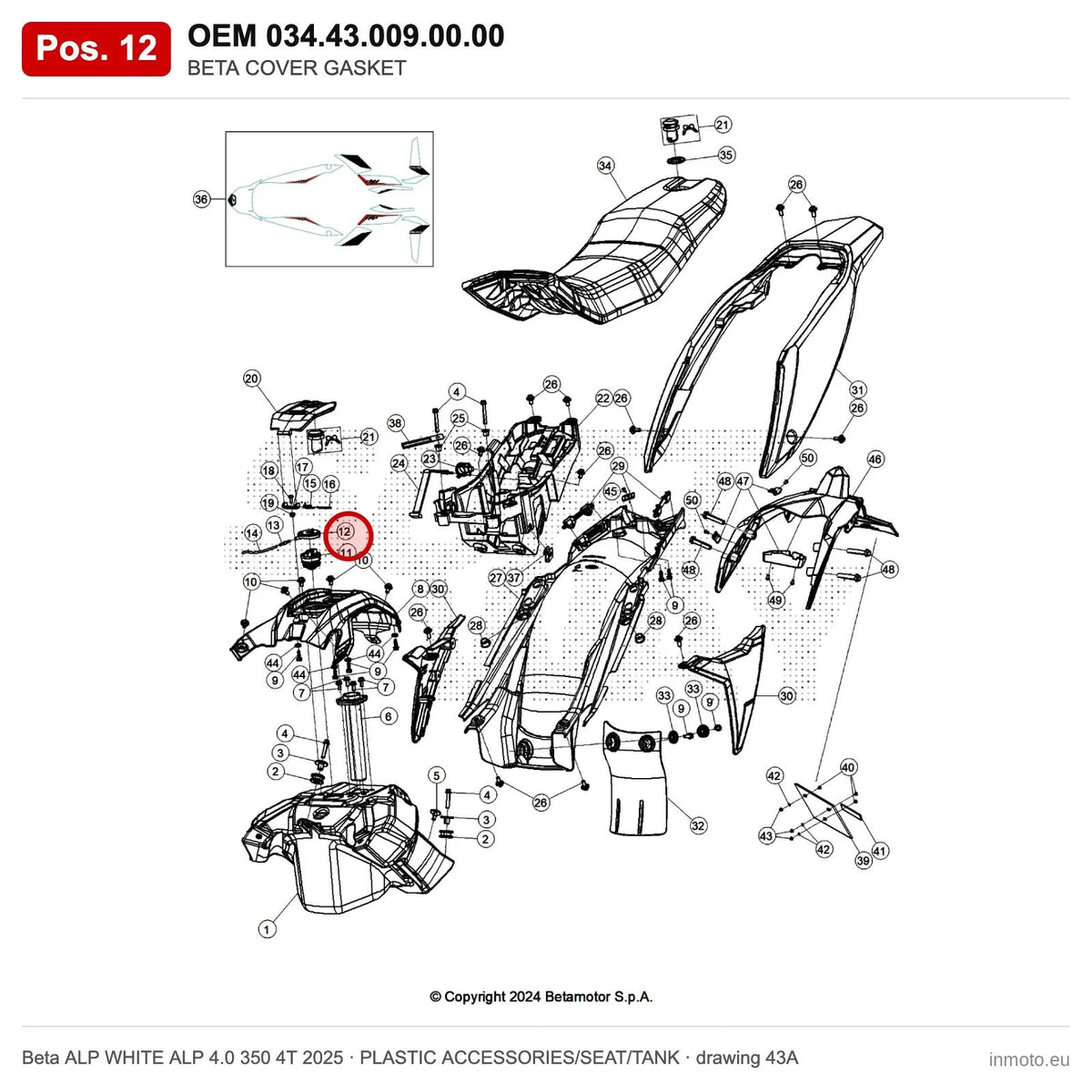 BETA COVER GASKET – OEM 034.43.009.00.00, position 12 on the Beta ALP WHITE ALP 4.0 350 4T 2025 plastic accessories/seat/tank drawing
