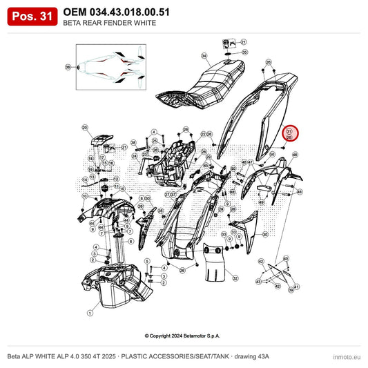 BETA REAR FENDER WHITE – OEM 034.43.018.00.51, position 31 on the Beta ALP WHITE ALP 4.0 350 4T 2025 plastic accessories/seat/tank drawing