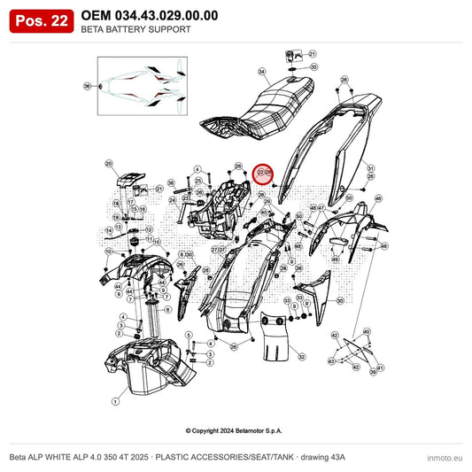 BETA BATTERY SUPPORT – OEM 034.43.029.00.00, position 22 on the Beta ALP WHITE ALP 4.0 350 4T 2025 plastic accessories/seat/tank drawing