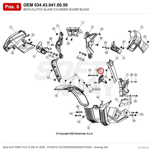 BETA CLUTCH SLAVE CYLINDER GUARD BLACK – OEM 034.43.041.00.59, position 6 on the Beta ALP GREY ALP X 350 4T 2025 plastic accessories/seat/tank drawing