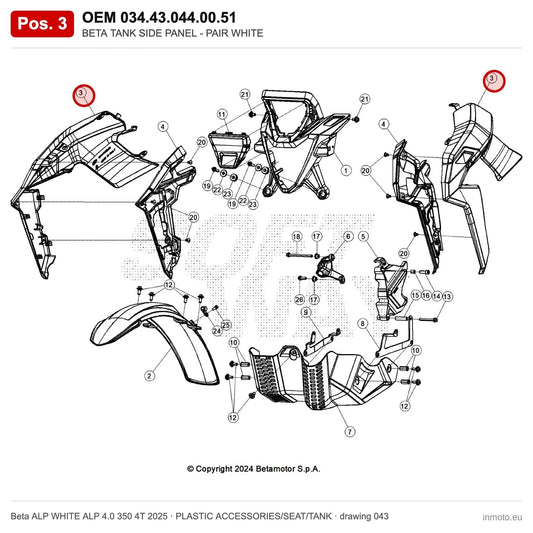 BETA TANK SIDE PANEL - PAIR WHITE – OEM 034.43.044.00.51, position 3 on the Beta ALP WHITE ALP 4.0 350 4T 2025 plastic accessories/seat/tank drawing