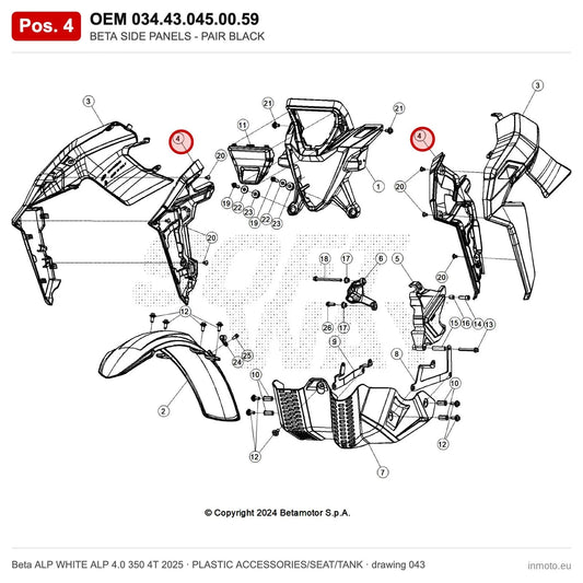 BETA SIDE PANELS - PAIR BLACK – OEM 034.43.045.00.59, position 4 on the Beta ALP WHITE ALP 4.0 350 4T 2025 plastic accessories/seat/tank drawing