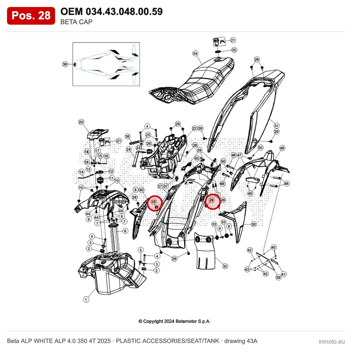 BETA CAP – OEM 034.43.048.00.59, position 28 on the Beta ALP WHITE ALP 4.0 350 4T 2025 plastic accessories/seat/tank drawing
