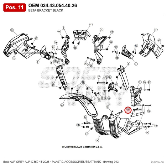 BETA BRACKET BLACK – OEM 034.43.054.40.26, position 11 on the Beta ALP GREY ALP X 350 4T 2025 plastic accessories/seat/tank drawing