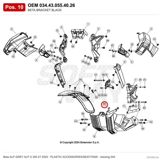 BETA BRACKET BLACK_1 – OEM 034.43.055.40.26, position 10 on the Beta ALP GREY ALP X 350 4T 2025 plastic accessories/seat/tank drawing