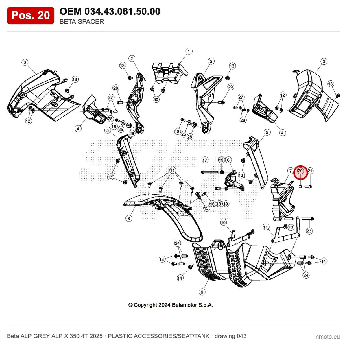 BETA SPACER – OEM 034.43.061.50.00, position 20 on the Beta ALP GREY ALP X 350 4T 2025 plastic accessories/seat/tank drawing